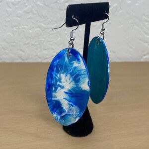 Blue and White Oval shape wood Earrings